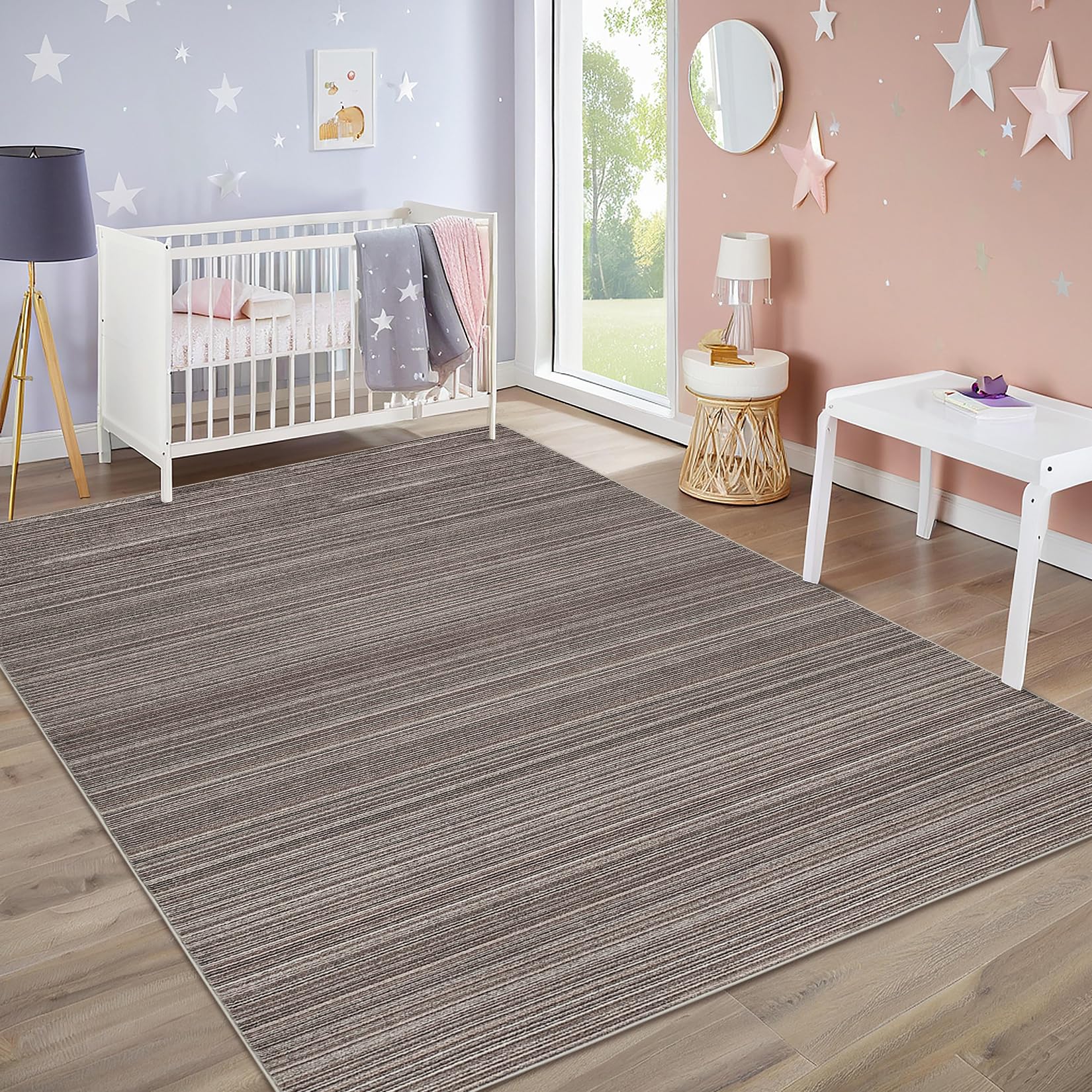 Garvee Modern Striped Washable Area Rug - Low Pile Non-Slip Contemporary Carpet - Soft, Collapsible, Mark Resistant Floor Mat for Living Room, Bedroom, Dining Room - Brown, 8x10ft (244x305cm)