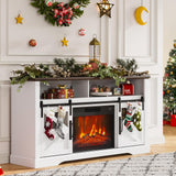 Garvee Farmhouse Electric Fireplace TV Stand 60" Rustic Sliding Barn Doors MDF Wood Media Console with 23" 3D Flame Fireplace Remote Control for Living Room - White + Brown Roof Panel