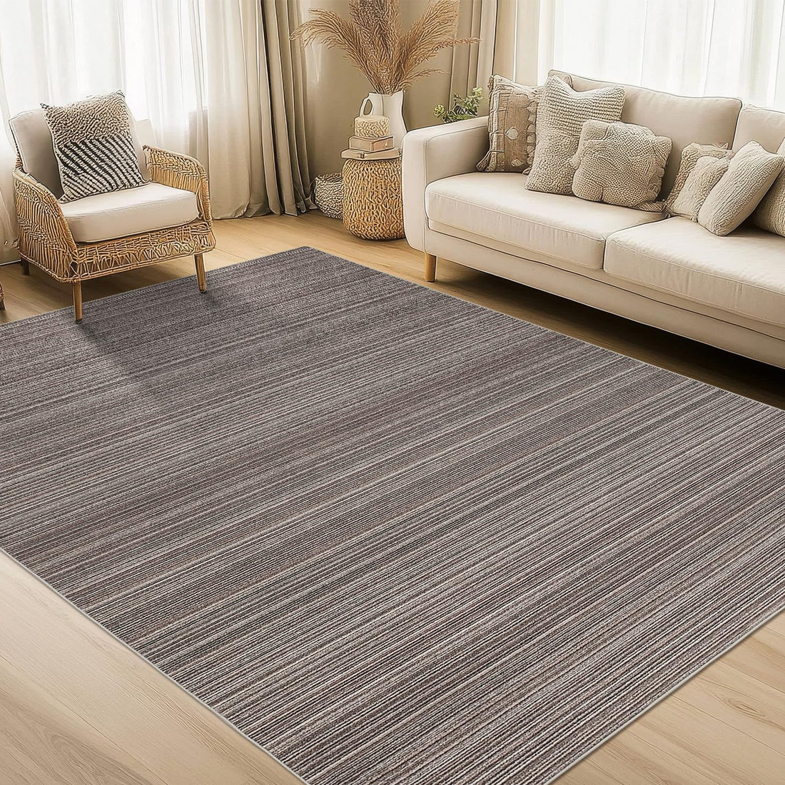 Tapis lavable moderne à rayures Garvee - Tapis contemporain à poils ras et antidérapant - Tapis de sol doux, pliable et résistant aux marques pour salon, chambre à coucher, salle à manger - Marron, 244 x 305 cm