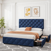 Garvee Queen Size Bed Frame with 4 Storage Drawers, Linen Upholstered Platform Bed Frame with Adjustable Headboard, Diamond Stitched Button Tufted, No Box Spring Needed, Blue