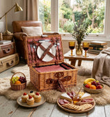 Garvee Wicker Picnic Basket Set for 2 with Waterproof Blanket and Wine Goblets Durable Woven Wicker Plates Cutlery Bottle Opener for Park Beach Lawn Patio - Red