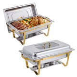 Garvee Chafing Dishes Square Buffet Food Warmer Set Stainless Steel Foldable Frame Heat-Resistant Handles Professional Catering Events - Half-Gold