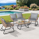 Garvee 4-Piece Outdoor Bistro Set Wicker Patio Furniture Weatherproof PE Rattan Cushioned Comfort Tempered Glass Table Modular Design for Garden Deck - Grey