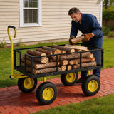 Garvee 500 lb Q235 Steel Garden Cart, Heavy-Duty Utility Wagon with 3.33 cu ft Mesh Bed, Removable Mesh Sides, 2-in-1 Convertible Flatbed, 10" Pneumatic Tires, 180° Rotating Handle, Yellow and Black, for Yard, Lawn, Farm and Landscaping - Yellow/Black