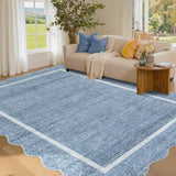 Garvee 9' x 12' Scalloped Blue Area Rug, 350 GSM Pearl Velvet Low-Pile Carpet with Non-Slip TPR Backing, Machine-Washable Foldable Floor Covering with Reinforced Edges for Living Room Bedroom Dining Room - Blue