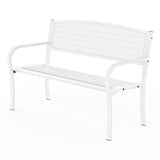 Garvee 50" Outdoor Metal Garden Bench, White Weather-Resistant Powder-Coated Iron Frame, Curved Backrest and Decorative Geometric Panel, 2-Person 300lb Capacity Patio Seating with Armrests for Porch, Yard, Deck, Terrace, Poolside - White