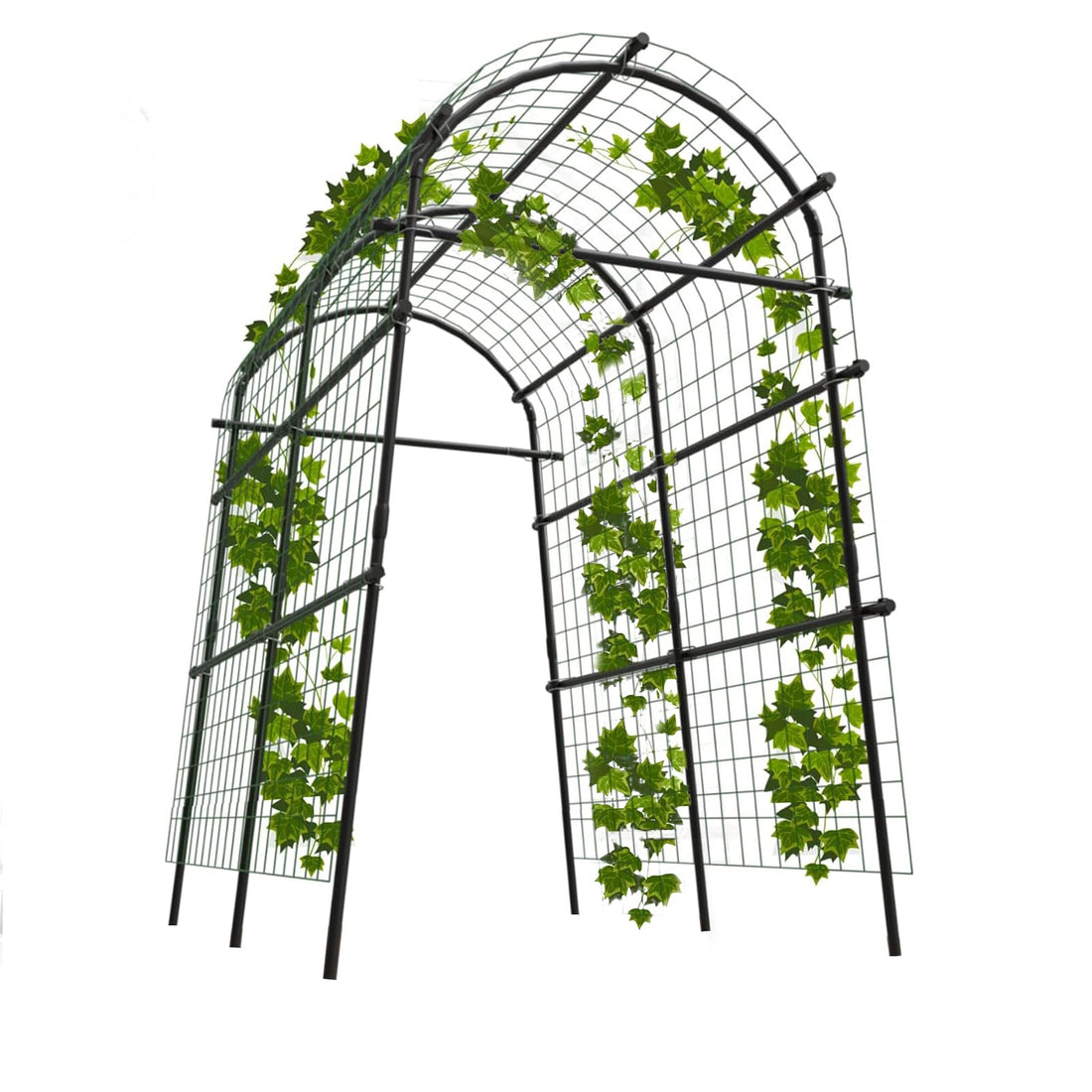 Garvee 7.5 ft black garden arch trellis with netting and 7 horizontal pipes