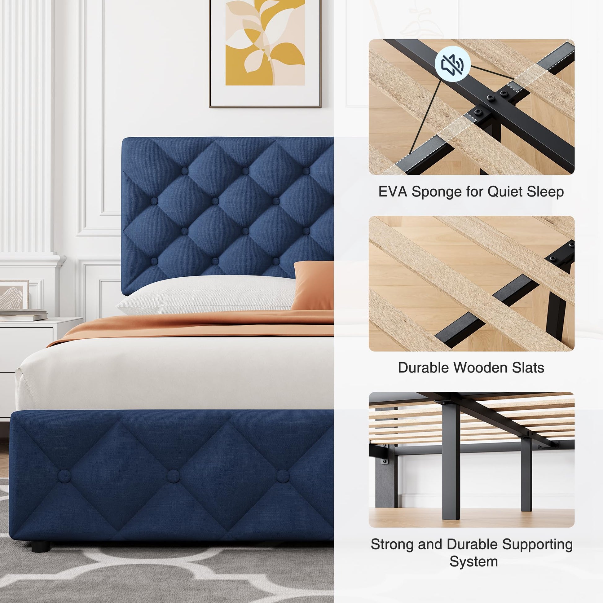 Garvee Queen Size Bed Frame with 4 Storage Drawers, Linen Upholstered Platform Bed Frame with Adjustable Headboard, Diamond Stitched Button Tufted, No Box Spring Needed, Blue