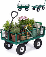 Garvee Steel Garden Cart 800 lb Capacity Mesh Bed Removable Sides 10 in Pneumatic Tires Powder-Coated Durable All-Terrain Utility Wagon for Yard and Landscaping