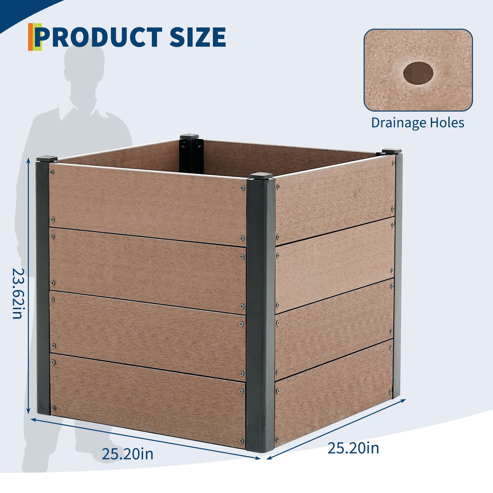 Garvee Carré potager surélevé aspect bois 63,5 cm x 63,5 cm x 58,4 cm avec fond, jardinière d'extérieur pour légumes et herbes, durable en composite pour racines profondes, patio arrière, marron