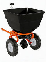 Garvee Tow Behind Broadcast Spreader 130 lbs Capacity Adjustable Flow Control Powder-Coated Steel Durable Pneumatic Tires Universal Hitch Lawn and Garden Use - Black Orange