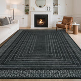 Garvee 5x7 Black Area Rug, Washable Geometric Bordered Floor Carpet, Soft Low-Pile Polyester with Non-Slip Backing, Stain-Resistant Non-Shedding Design, Pet and Kid Friendly for Living Area, Bedroom, Dining Space, Nursery and Office - Black
