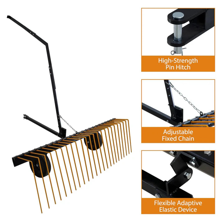 Garvee 60-Inch Tow Behind Lawn Dethatcher Rake – 24 Durable Spring Steel Tines – Heavy-Duty Landscaping Attachment – Compatible with ATV, Mower, Tractor, 48"/60" Toolbars, 3-Point Hitches – Ideal for Thatch, Leaves, Pine Needles – Split Orange Body