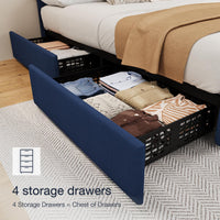 Garvee Queen Size Bed Frame with 4 Storage Drawers, Linen Upholstered Platform Bed Frame with Adjustable Headboard, Diamond Stitched Button Tufted, No Box Spring Needed, Blue