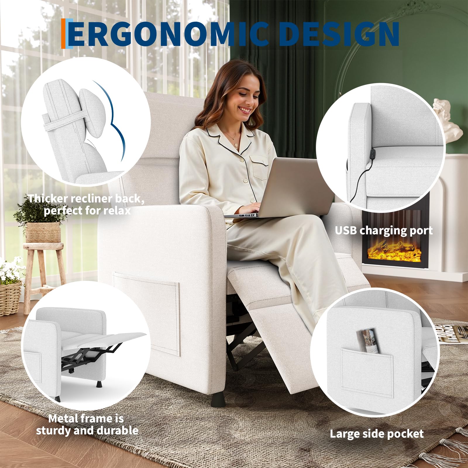 Garvee Power Recliner Chair with Massage & Heat, Adjustable Electric Recliner, Ergonomic Overstuffed Tall Back, Padded Seat, USB Port, Side Pockets, for Home Theater & Living Room, White