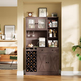 Garvee Farmhouse Coffee Bar Cabinet with Wine Rack Power Outlets USB Charging Vintage Dark Brown Wood Rustic X-Barn Doors Dining Room