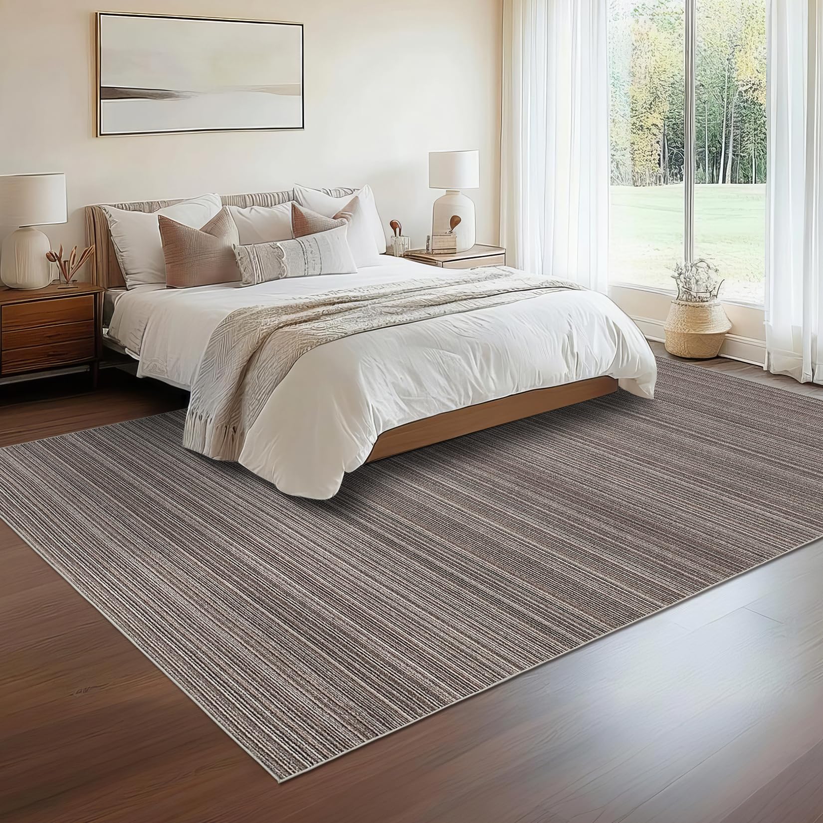 Garvee Modern Striped Washable Area Rug - Low Pile Non-Slip Contemporary Carpet - Soft, Collapsible, Mark Resistant Floor Mat for Living Room, Bedroom, Dining Room, Nursery - Brown, 9x12ft (274x366cm)
