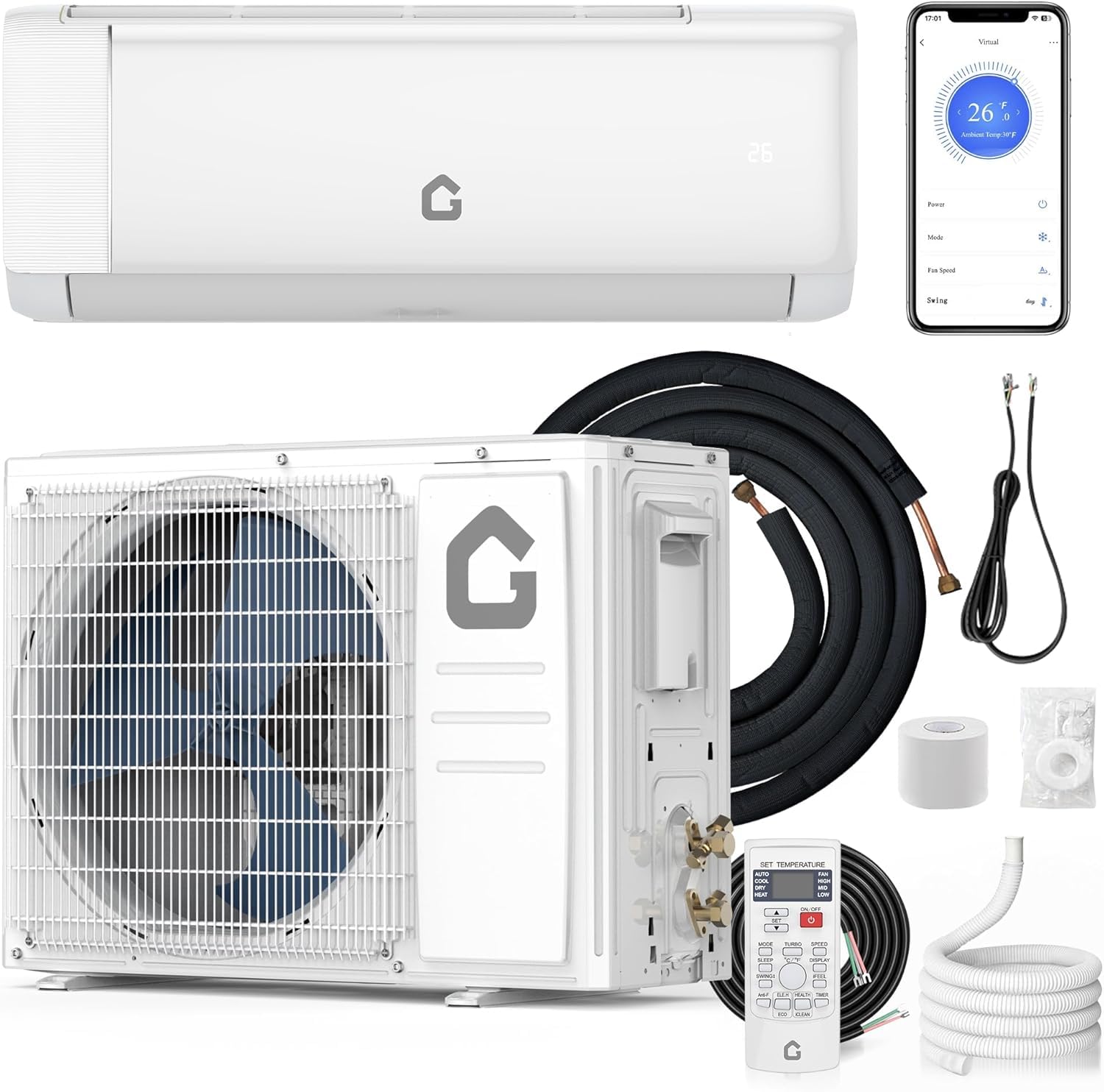 Garvee Split Air Conditioner 9000 BTU Cooling Heating 20 SEER2 WiFi Control Turbo Mode Auto Swing 208/230V Home