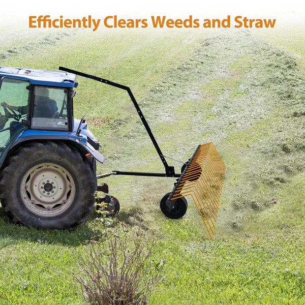 Garvee 60-Inch Tow Behind Lawn Dethatcher Rake – 24 Durable Spring Steel Tines – Heavy-Duty Landscaping Attachment – Compatible with ATV, Mower, Tractor, 48"/60" Toolbars, 3-Point Hitches – Ideal for Thatch, Leaves, Pine Needles – Split Orange Body