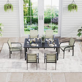 Garvee 7-Piece Patio Dining Set Metal Outdoor Furniture Rectangular Slatted Table, 6 Breathable Textilene Chairs, Sturdy Frame Modern Backyard Deck Poolside - Beige