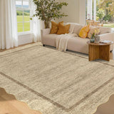 Garvee 9' x 12' Scalloped Jute-Tone Area Rug, 350 GSM Pearl Velvet Low-Pile Carpet with Non-Slip TPR Backing, Machine-Washable Foldable Floor Covering with Reinforced Edges for Living Room Bedroom Dining Room - Jute