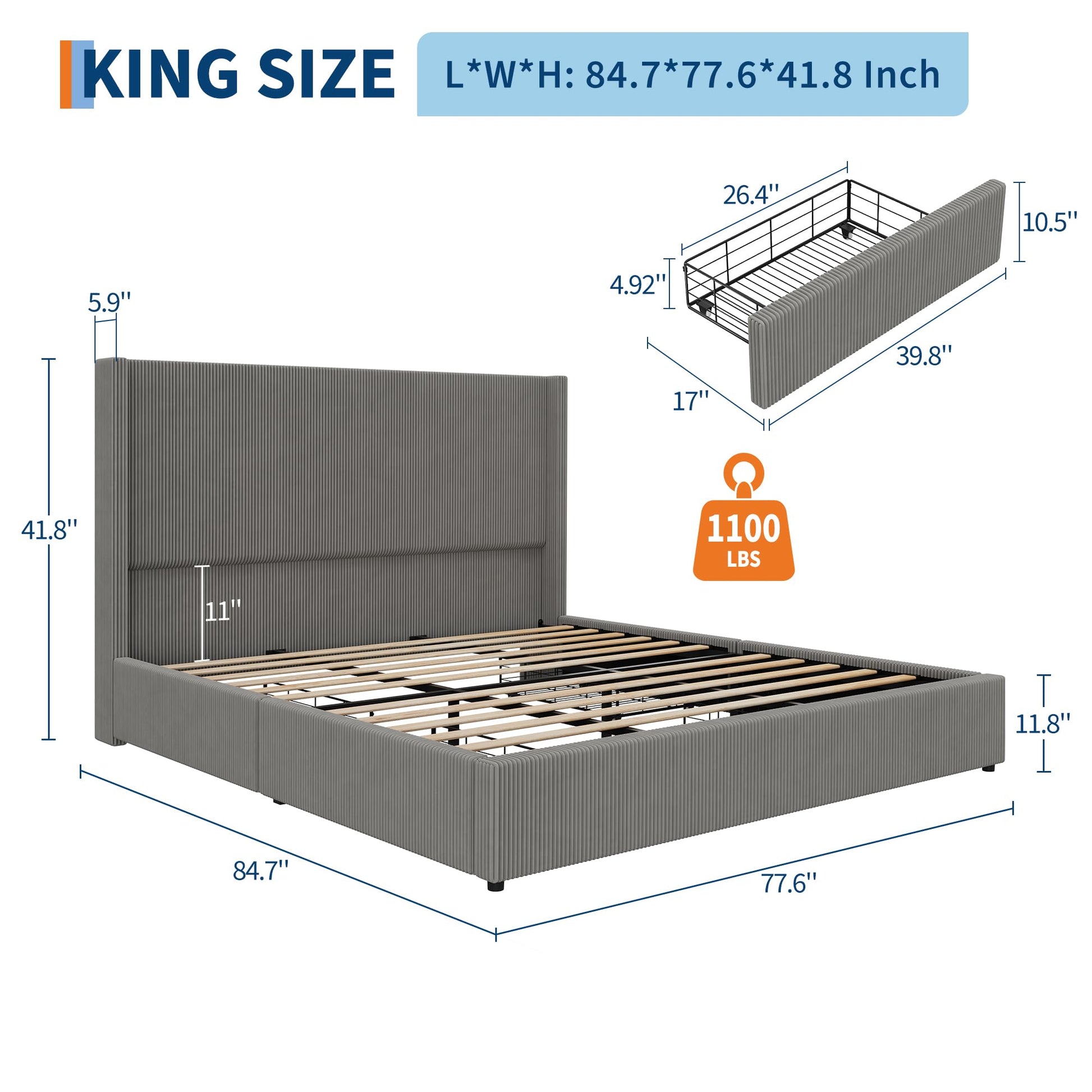 Garvee Bed Frame King Size with 4 Storage Drawer, Bed Frame with Headboard and Corduroy Vertical Channel Tufted Wingback, Sturdy Wooden Slats Support, Noise Free, Gray