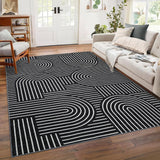 Garvee Black 6x9 ft Area Rug, Modern Abstract Rhythm Line Geometric Design, 100% Polyester Faux Cashmere Low Pile Surface, 350 gsm Pile Weight, Washable Foldable Carpet with Non-Slip TPR Backing for Living Room, Bedroom, Dining Room and Office - Black