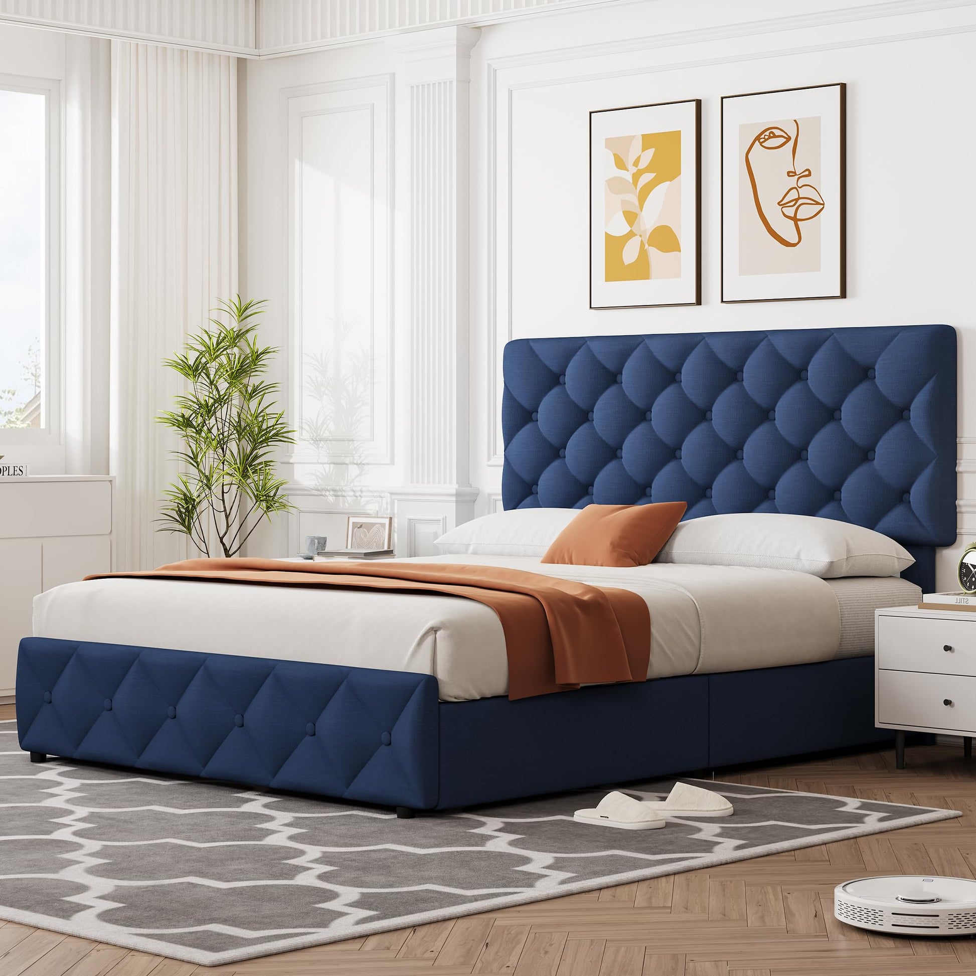 Garvee Queen Size Bed Frame with 4 Storage Drawers, Linen Upholstered Platform Bed Frame with Adjustable Headboard, Diamond Stitched Button Tufted, No Box Spring Needed, Blue