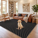Garvee 5'X7' Black Coffee Washable Area Rug, Jute-Look 100% Polyester Striped Geometric Floor Carpet, 0.2-Inch Low Pile, Non-Slip TPR Backing, Foldable Non-Shedding Mat for Living Room, Dining Room, Bedroom, Entryway and Covered Patio - Black Coffee