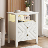 Garvee White LED Bedside Table with 2 Storage Drawers - RGB Lighting - V-Shaped Farmhouse Bedside Table - Open Shelf & Sturdy Wooden Legs for Bedroom, Living Room, Office - Color: White