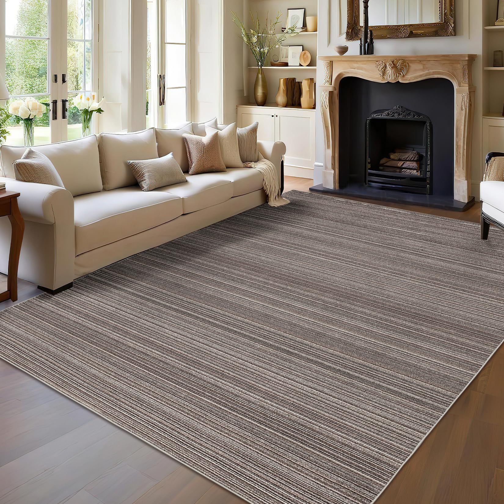 Garvee Modern Striped Washable Area Rug - Low Pile Non-Slip Contemporary Carpet - Soft, Collapsible, Mark Resistant Floor Mat for Living Room, Bedroom, Dining Room, Nursery - Brown, 9x12ft (274x366cm)