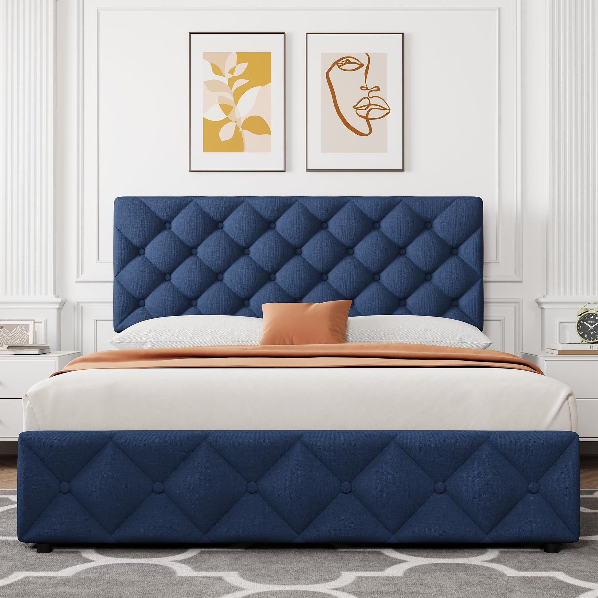 Garvee Queen Size Bed Frame with 4 Storage Drawers, Linen Upholstered Platform Bed Frame with Adjustable Headboard, Diamond Stitched Button Tufted, No Box Spring Needed, Blue