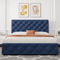 Garvee Queen Size Bed Frame with 4 Storage Drawers, Linen Upholstered Platform Bed Frame with Adjustable Headboard, Diamond Stitched Button Tufted, No Box Spring Needed, Blue