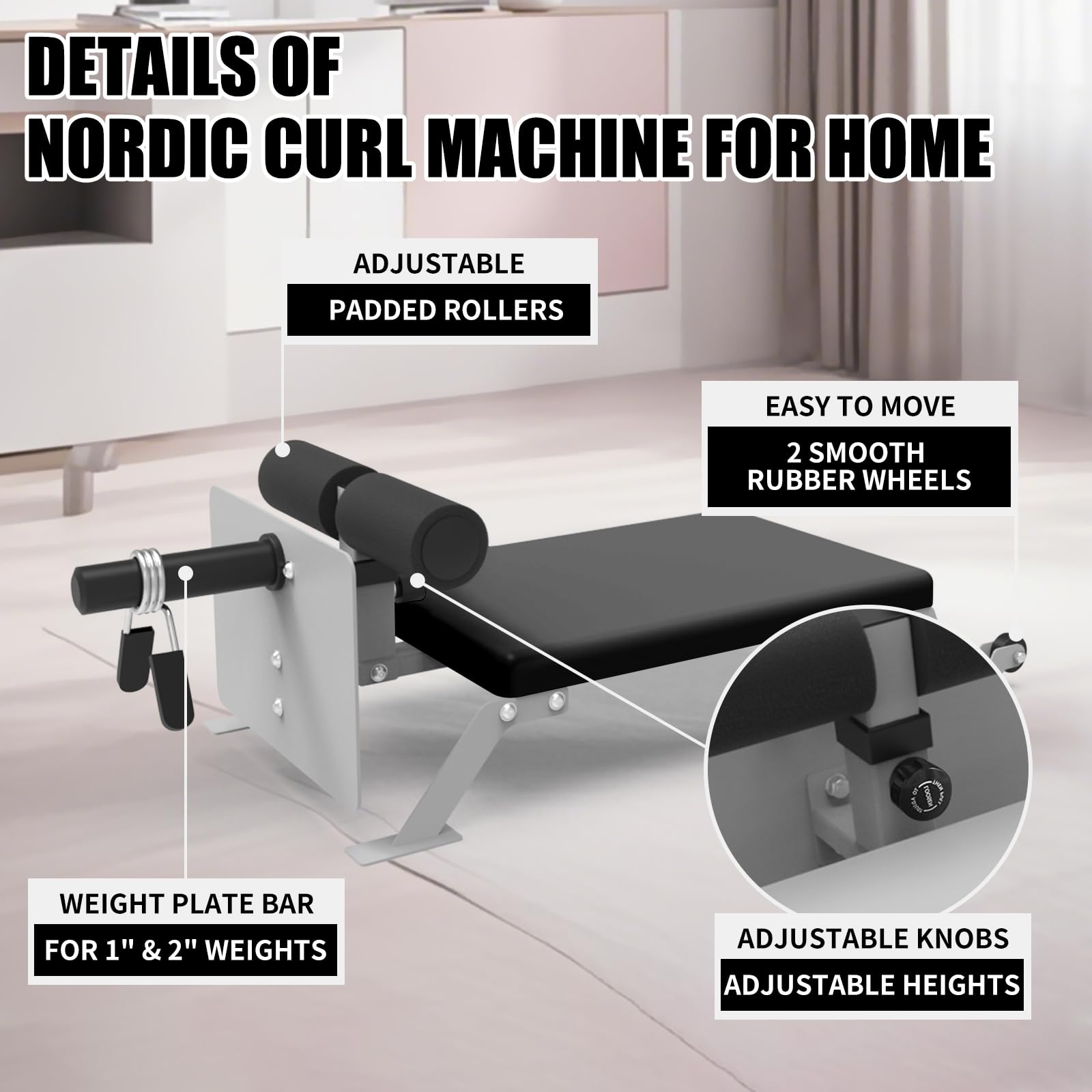 Garvee Banc à ischios-jambiers et fessiers réglable Nordic Curl Machine avec roues pour salle de sport à domicile 116,6 x 45,7 x 34,8 cm Blanc