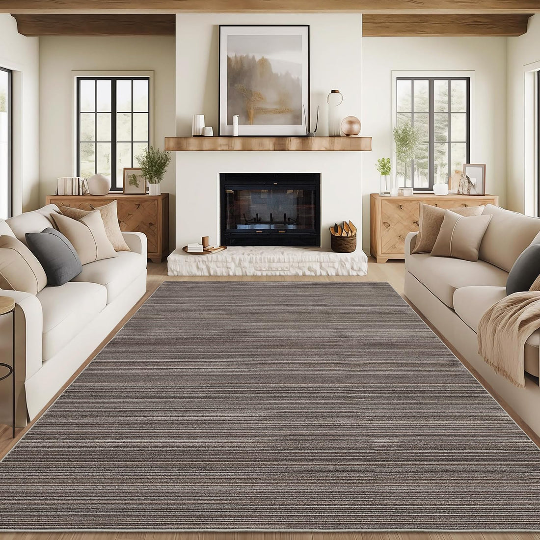 Tapis Moderne Rayé Lavable Garvee - Tapis Contemporain Antidérapant à Poil Ras - Tapis de Sol Doux, Pliable et Résistant aux Marques pour Salon, Chambre, Salle à Manger, Crèche - Marron, 274x366cm
