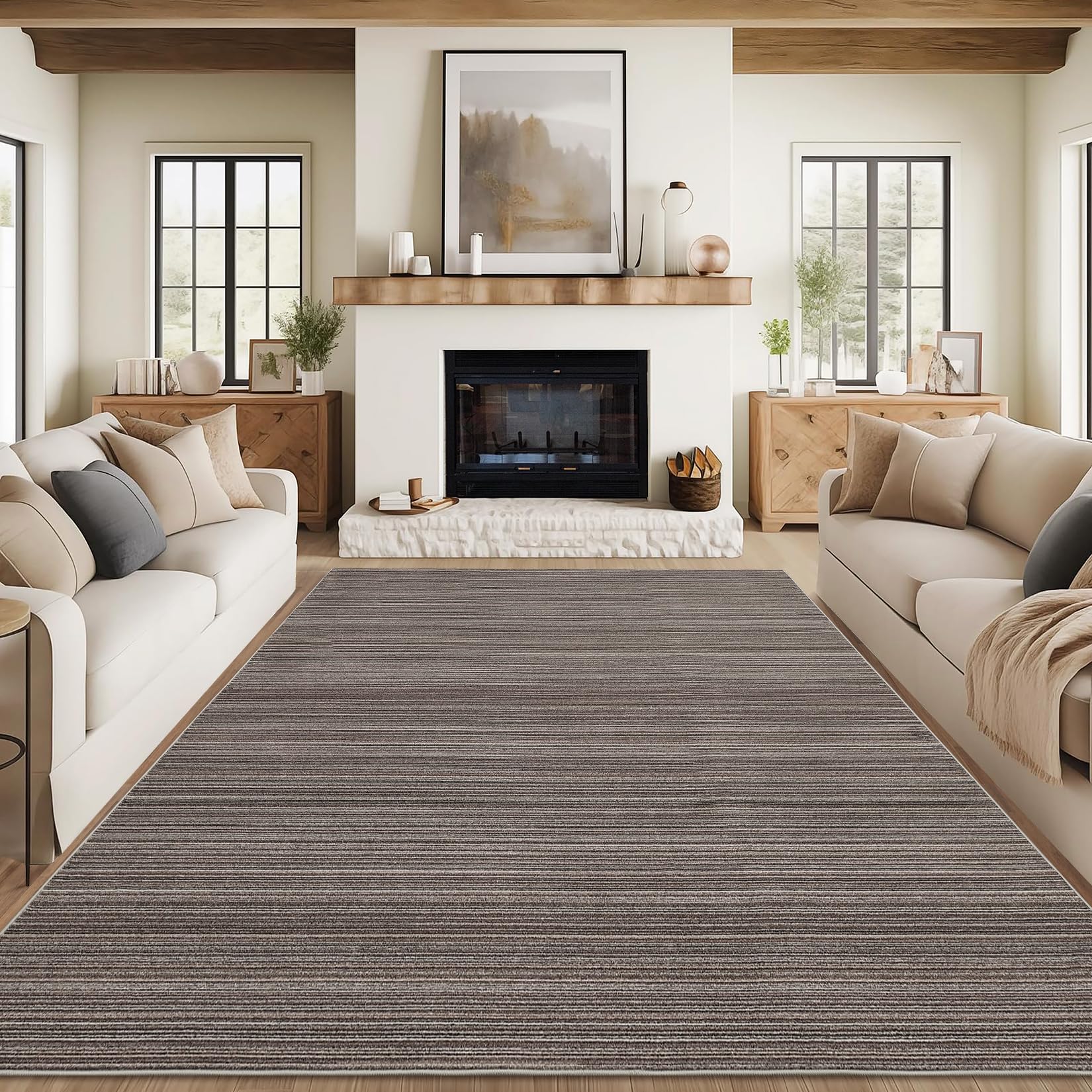 Garvee Modern Striped Washable Area Rug - Low Pile Non-Slip Contemporary Carpet - Soft, Collapsible, Mark Resistant Floor Mat for Living Room, Bedroom, Dining Room, Nursery - Brown, 9x12ft (274x366cm)