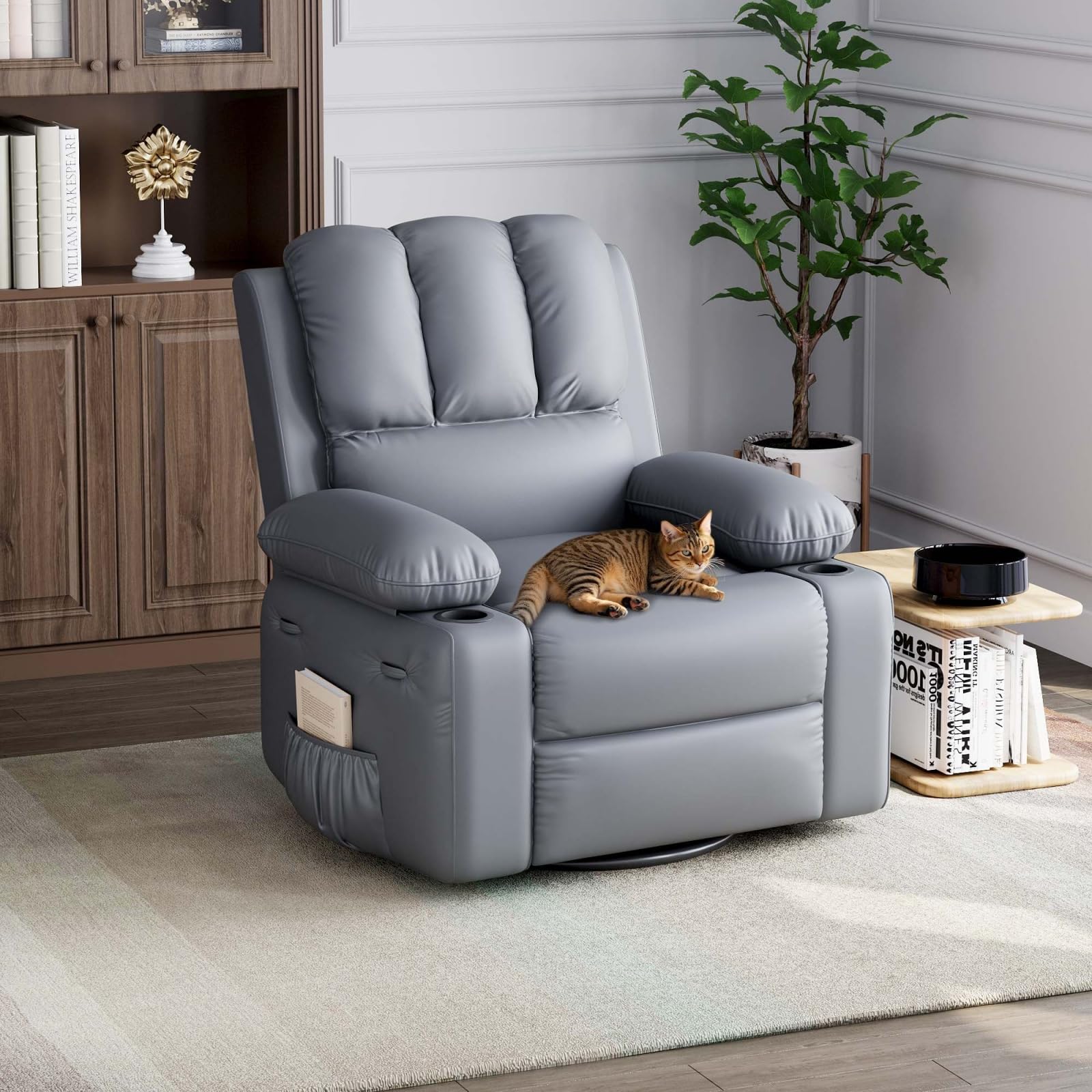 Fauteuil inclinable surdimensionné Garvee avec chauffage et massage, pivotant à 306°, inclinable manuel, cuir PU, porte-gobelet, pour salons et chambres de bébé, gris