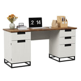 Garvee 59" Farmhouse Executive Desk, Home Office Desk with File Drawers and Storage Cabinet, Wooden Computer Table Teacher Desk for Work and Study, White+Vintage - White & Vintage