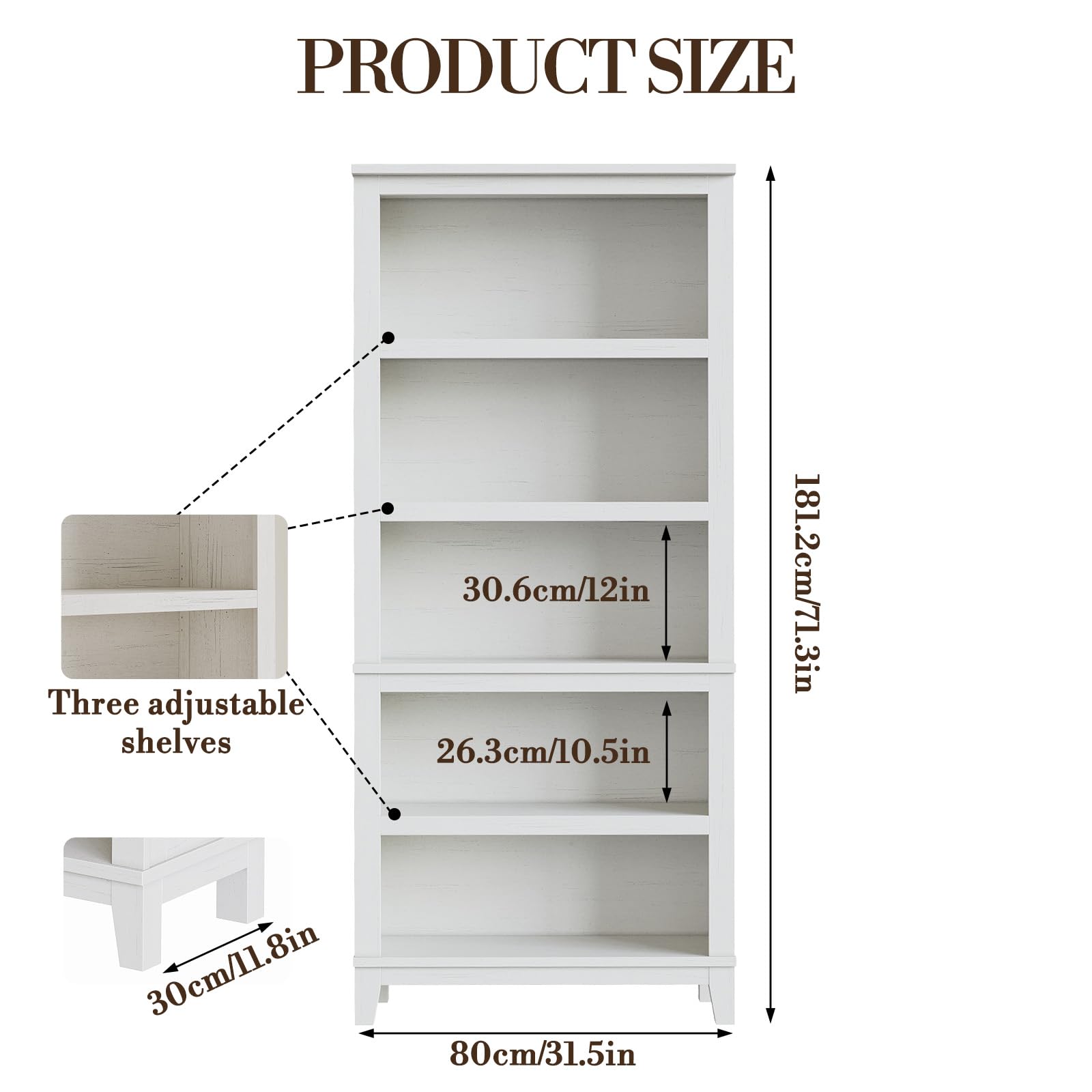 Garvee 71" Farmhouse Bookcase w/Adjustable Shelves & 31.5" Width, 5 Tier Tall Bookshelf with Wooden Legs, Rustic Vintage Book Shelf for Living Room Office Library, White