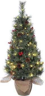 Garvee 3 ft Artificial Christmas Tree Pre-Lit Snow Flocked Pine Cones Red Berries Burlap Base Tabletop Holiday Decor