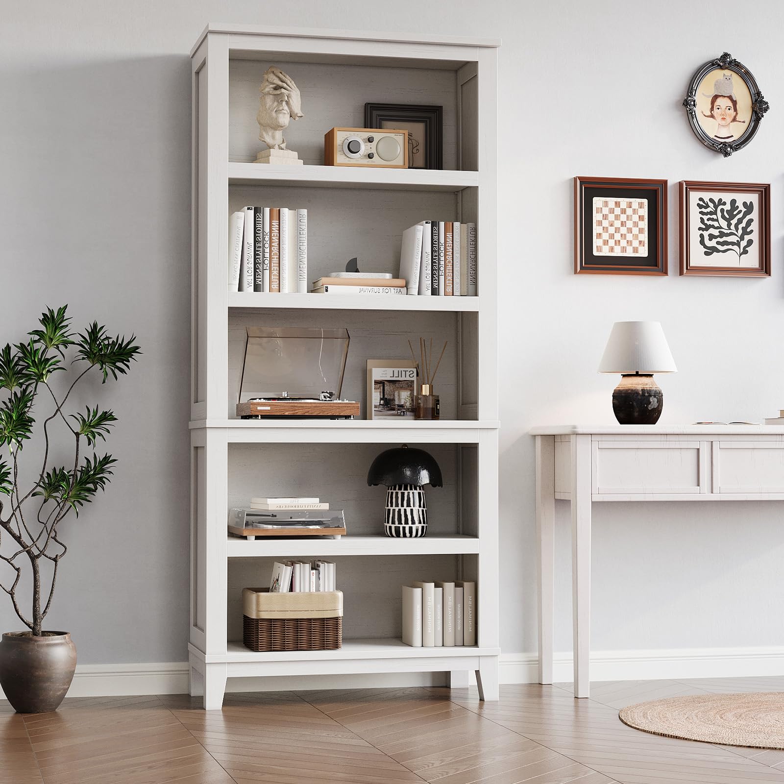 Garvee 71" Farmhouse Bookcase w/Adjustable Shelves & 31.5" Width, 5 Tier Tall Bookshelf with Wooden Legs, Rustic Vintage Book Shelf for Living Room Office Library, White