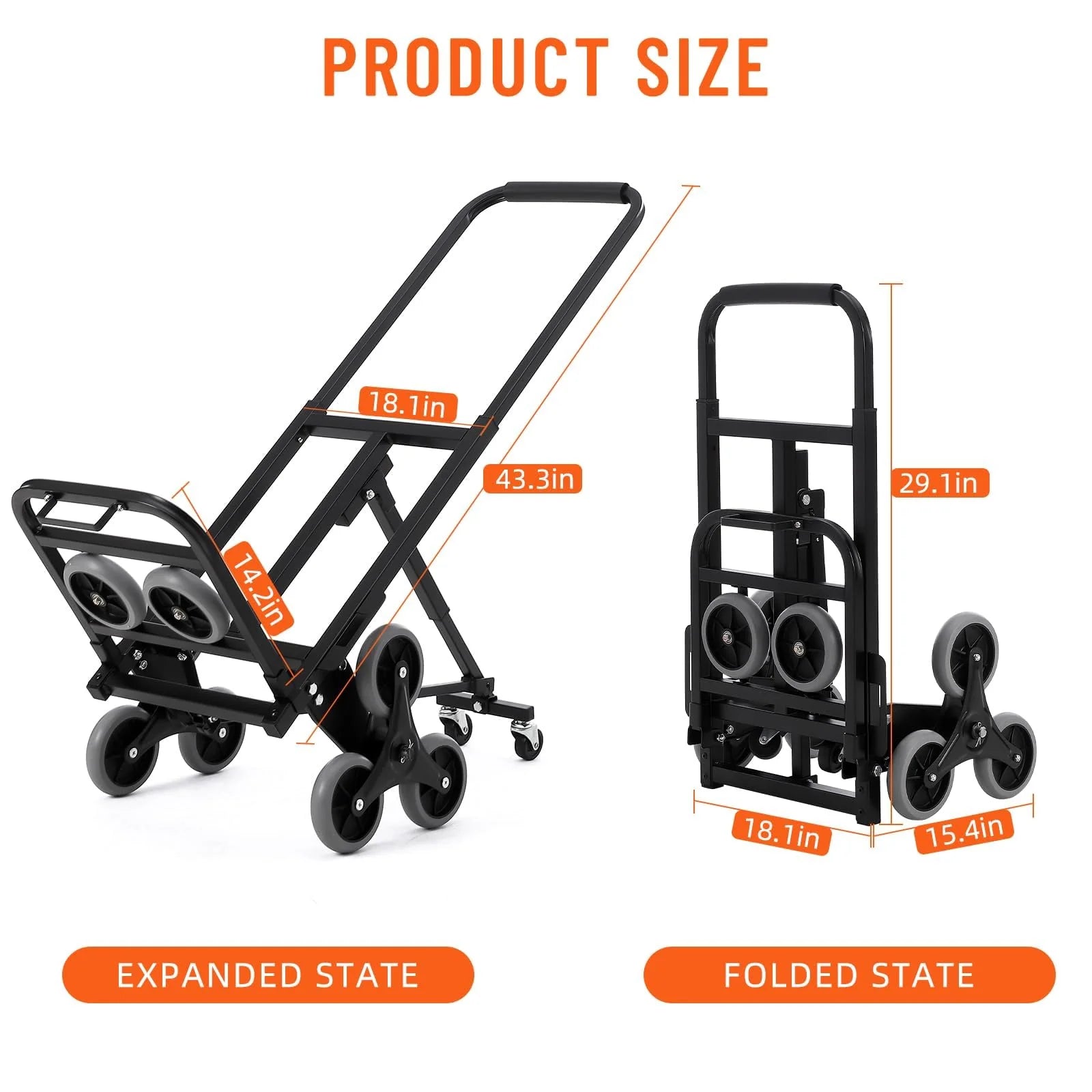 Garvee 330 LBS Stair Climbing Dolly with 10 Wheels, Folding Design, Telescoping Handle, Heavy-Duty Steel, Easy Use, Office & Warehouse Moving