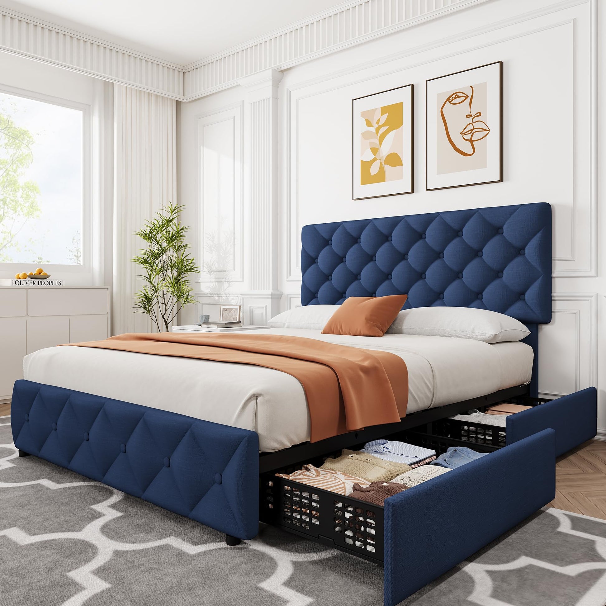 Garvee Queen Size Bed Frame with 4 Storage Drawers, Linen Upholstered Platform Bed Frame with Adjustable Headboard, Diamond Stitched Button Tufted, No Box Spring Needed, Blue