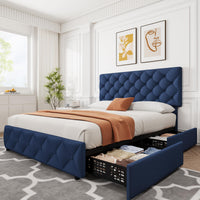 Garvee Queen Size Bed Frame with 4 Storage Drawers, Linen Upholstered Platform Bed Frame with Adjustable Headboard, Diamond Stitched Button Tufted, No Box Spring Needed, Blue