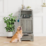 Garvee Dog Food Storage Cabinet with 2 Elevated Stainless Steel Bowls, Gray MDF and Particle Board Pet Feeding Station, Flip-Top Glass Lid, Pull-Out Raised Feeder on Wheels, 3 Side Hooks, Space-Saving Organizer for Indoor Dog Food and Supplies - Gray