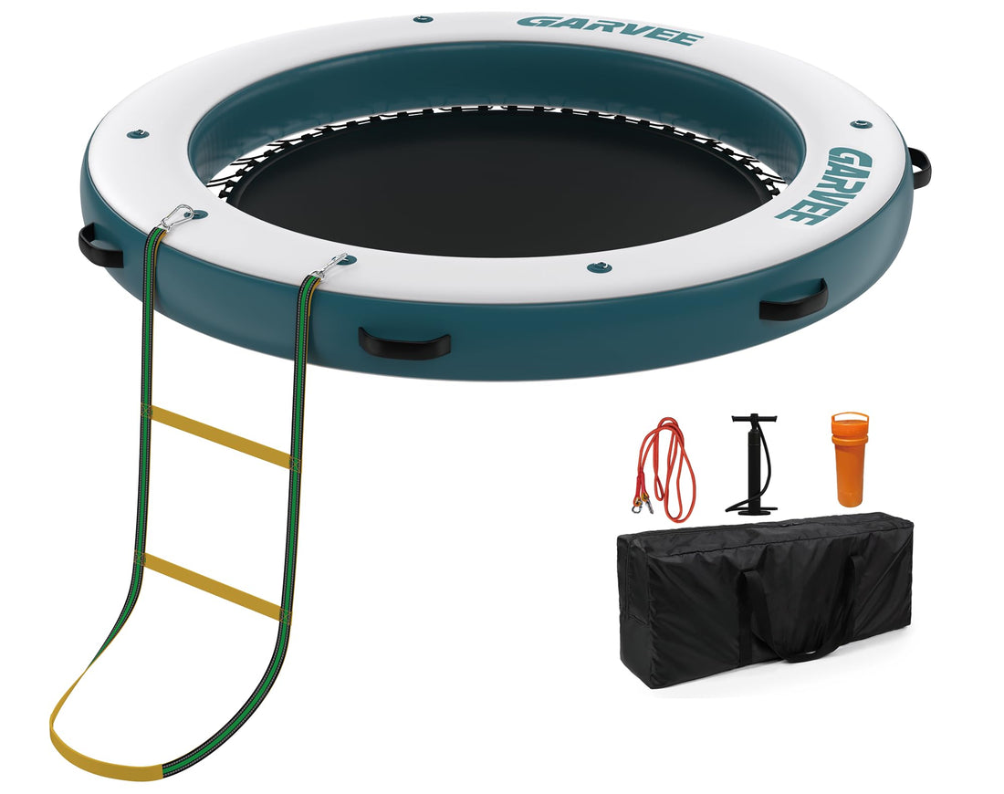Garvee 8 ft round inflatable floating dock with mesh center, ladder, pump and accessories