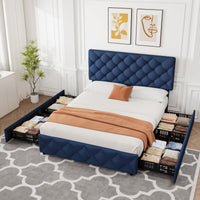 Garvee Queen Size Bed Frame with 4 Storage Drawers, Linen Upholstered Platform Bed Frame with Adjustable Headboard, Diamond Stitched Button Tufted, No Box Spring Needed, Blue