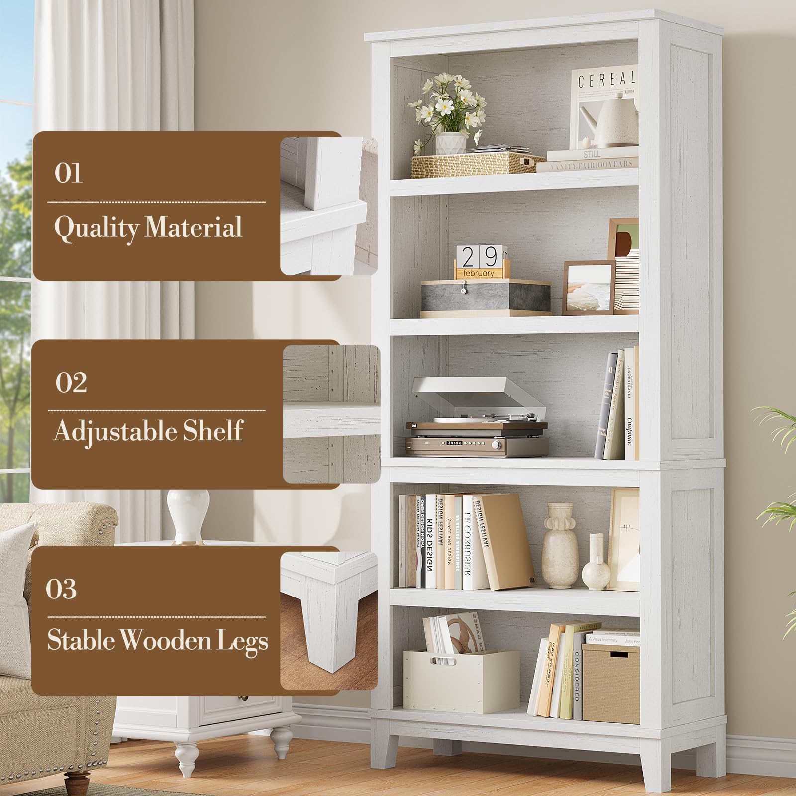 Garvee 71" Farmhouse Bookcase w/Adjustable Shelves & 31.5" Width, 5 Tier Tall Bookshelf with Wooden Legs, Rustic Vintage Book Shelf for Living Room Office Library, White