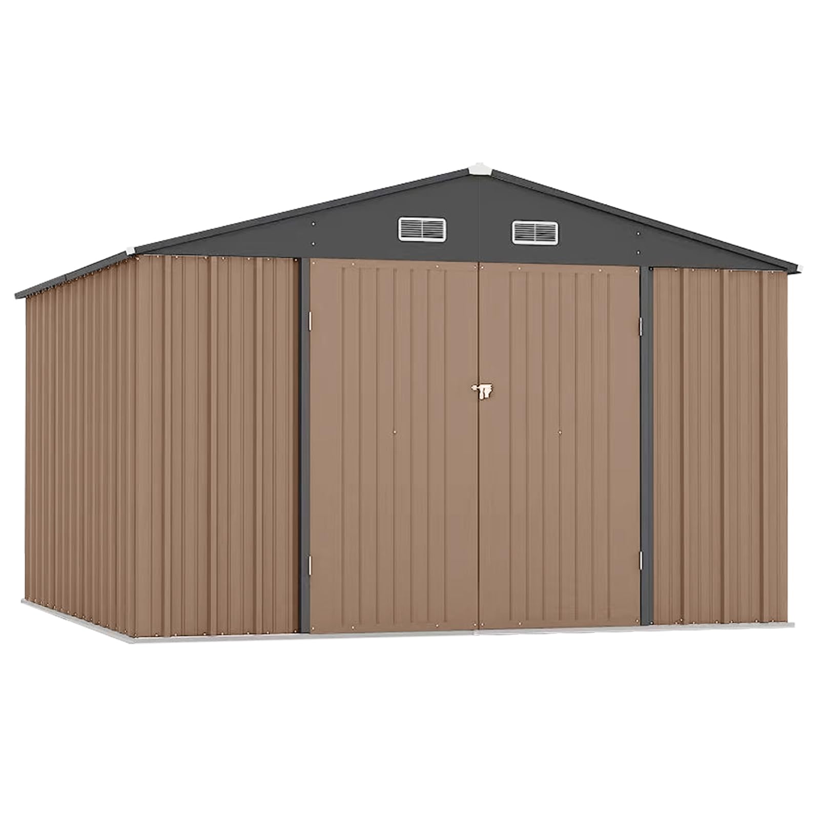 Garvee 12x10 ft Metal Outdoor Storage Shed, Rust-Resistant Galvanized Steel, Lockable Door, Sloped Roof, Brown, Backyard & Patio Storage