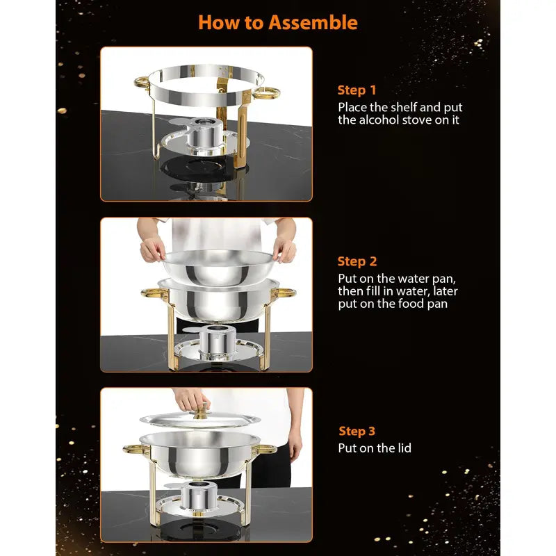 Garvee Chafing Dish for Buffet 6 Pack, 5QT Round Chafing Dishes Buffet Set w/Lid Holder, Stainless Steel Chafers and Food Warmers with Spoon and Tweezers for Parties, Weddings, Events, Banquet, Gold